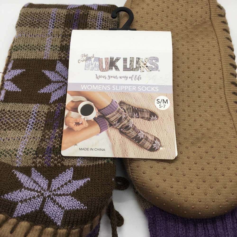 Brown and Purple Muk Luk Slippers
